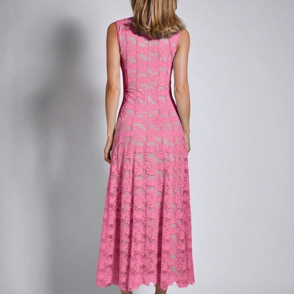 Pink Elegant Women's Lace Sleeveless Midi Dress - Picture 2 of 7